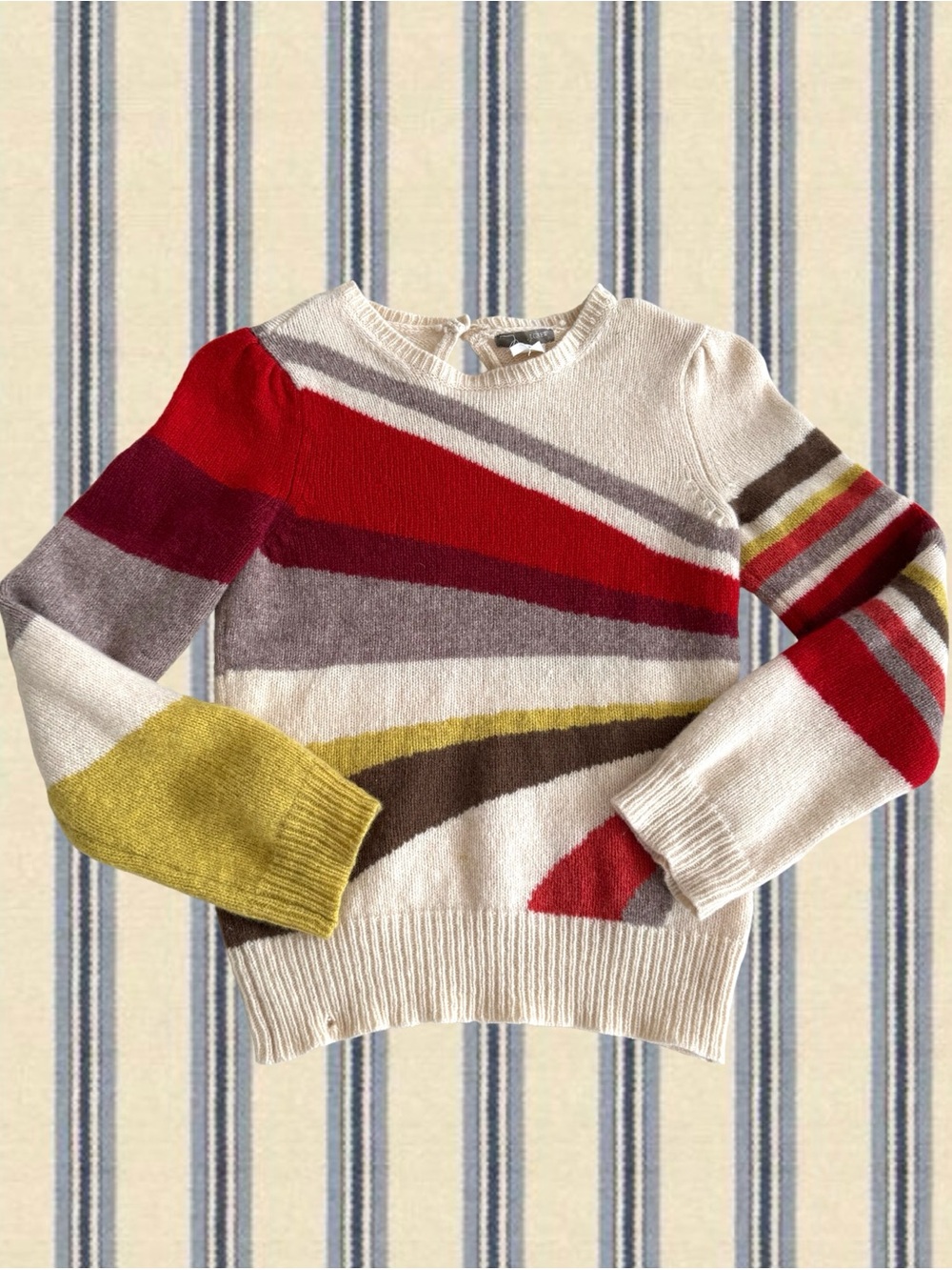 J. Crew Cream Crewneck Sweater with Red, Maroon, Yellow & Brown Stripes - Picture 2 of 7